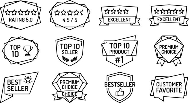 Clean Black Line Art Product Quality Tags and Geometric Ranking Shields.