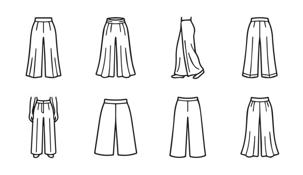 Assorted culotte and palazzo pant styles shown in line drawings on white background