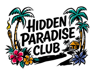 Beach club. Endless summer artwork. Tropical vintage design. Hidden paradise club print for tshirt. Explore more. © rahel lila