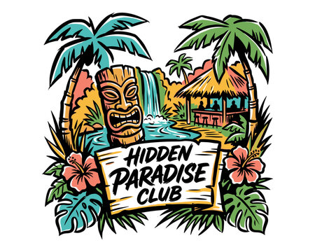 Hidden paradise club. Beach club. Endless summer artwork. Tropical vintage design. Tiki mask and palm trees illustration.