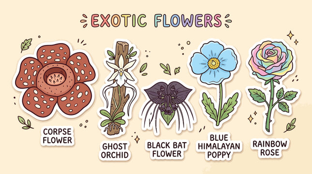 Collection of five unique and exotic flowers with hand-drawn illustrations and labels.