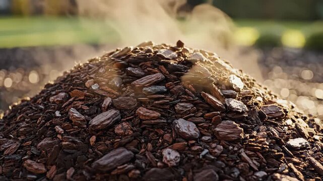 Steaming pile of fresh garden mulch. Pouring water on hot compost for soil preparation. Organic landscaping and horticulture concept