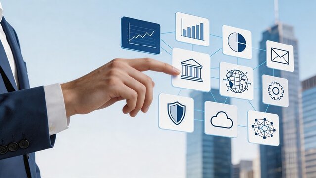 Businessman touching virtual screen with financial charts and security icons, corporate data analysis, cloud computing network, global economy strategy, digital banking and