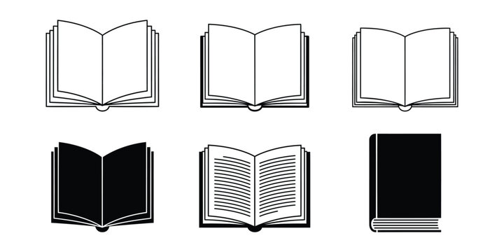 Book icon set representing reading, education, and publishing in outline and solid variations