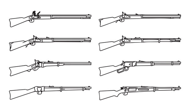 Collection of antique rifle outlines on white background in a clean graphic style for historical representation