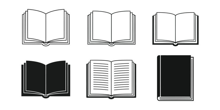 Book icon set representing reading, education, and publishing in outline and solid variations