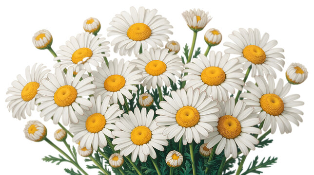 A detailed botanical illustration of a cluster of white daisies with bright golden-yellow centers, s