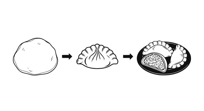 Vector illustration of illustration of the process of making dumplings from dough to cooked dish on a transparent background