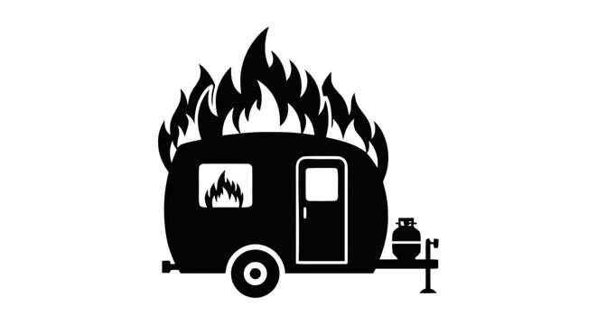 Vector illustration of vector icon of a camper trailer on fire, on a transparent background