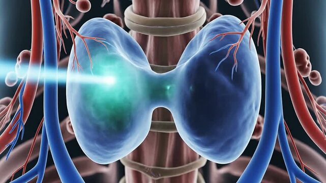 Detailed Anatomical Illustration of Human Body Highlighting Thyroid Gland and Treatment with Syringe on Dark Background