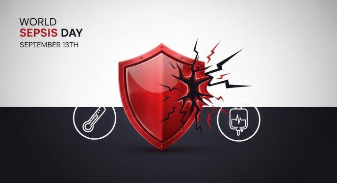 World sepsis day awareness concept with a cracked red shield