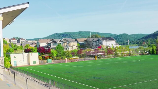Langford, BC, Canada &ndash; May 24, 2026: Goudy Field athletic turf stadium and neighborhood