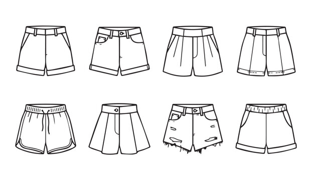 Collection of eight denim and fabric shorts fashion flat sketches in a clean white background