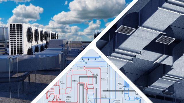 HVAC engineering. Rooftop air conditioning units and ventilation ducts shown with technical blueprint for climate system design.