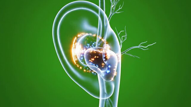 Detailed Anatomical Illustration of the Human Ear with Vibrant Glow Effects on a Green Background for Medical and Educational Use