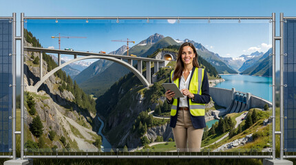 Naklejka premium A woman standing in front of a large screen with a picture of a bridge