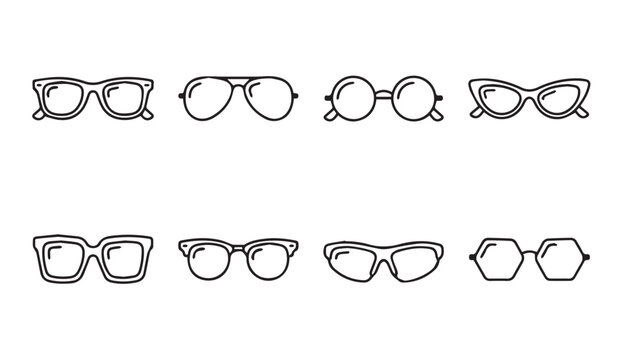 Collection of eight diverse eyeglasses styles drawn in a simple line art doodle on white background
