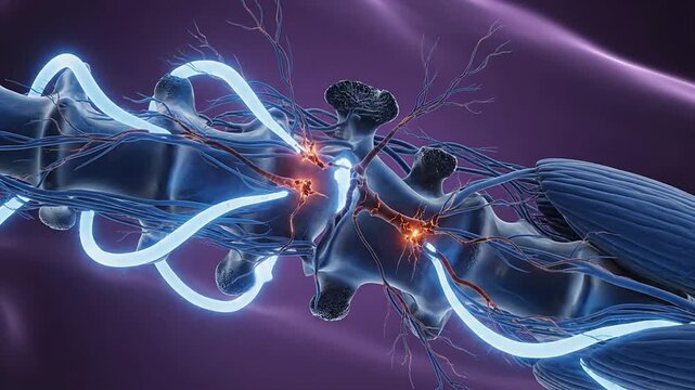 Detailed Anatomical Visualization of the Human Spine with Illuminated Nerves Against a Soft Purple Gradient Background