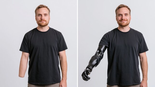 Split frame before and after showing a person with an amputation and then fitted with a bionic prosthetic arm.