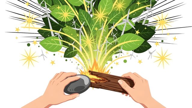 Hand Striking Fire with Flint Stone and Wood Illustration, Conceptual Green Energy Spark and Green Leaves Burst, Simple Geometric Primitive Survival and Sustainable Power Vector Graphic