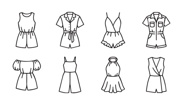 Collection of eight simple line art rompers and jumpsuits on a white background