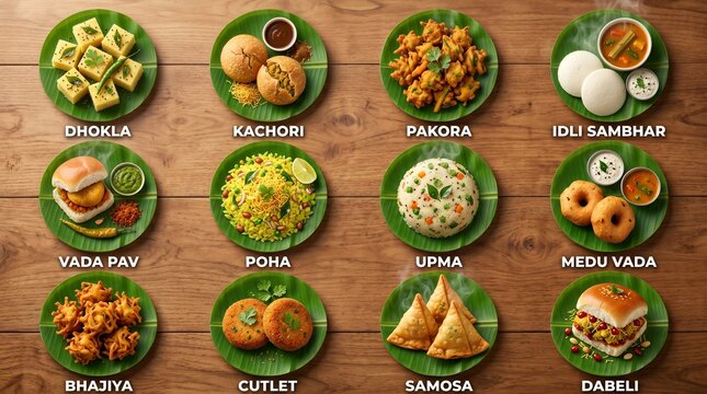 Top down view of traditional Indian breakfast and street food variety grid on banana leaves with text labels including dhokla, kachori, vada pav, and samosa