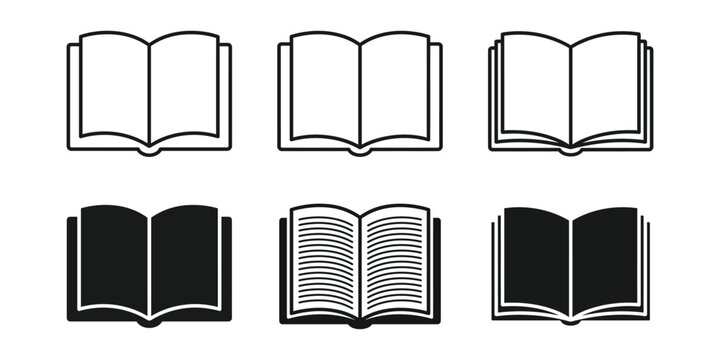 Open book icon set representing reading, study, and publishing in outline and solid variations