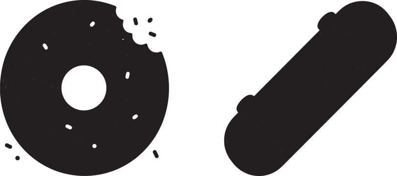 Black silhouette vector icons set containing a bitten donut and a skateboard deck isolated on white background.
