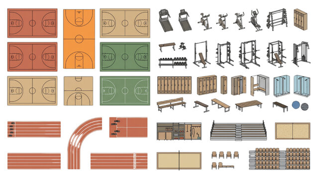 Sports Facility CAD Blocks &ndash; Premium Top View Architectural Vector Set, Editable Recreation Planning Elements for Stadiums, Courts, and Training Areas, Isolated White Background