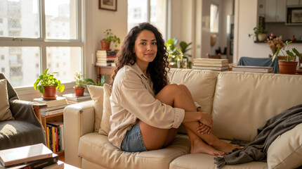 Obraz premium A woman sitting on a couch in a living room