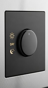 Smart home light switch, modern dimmer control panel, black electronic device, day night setting