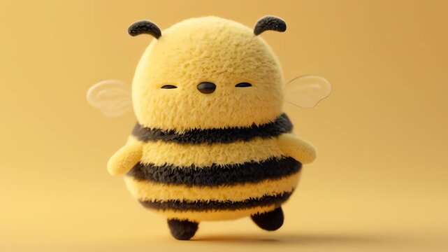 Cute fuzzy toy bee dancing on yellow background.