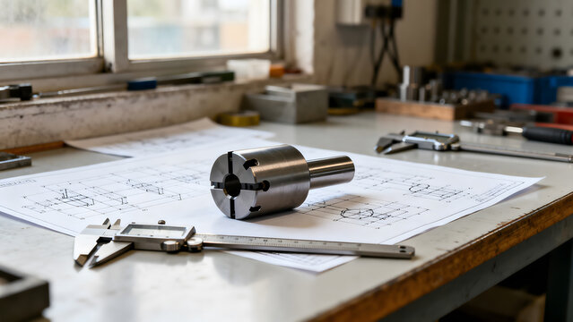 collet. Disassembled collet on a workbench beside technical drawings and calipers. safety posters, maintenance manuals, designed for precision metalworking and fabrication facilities.