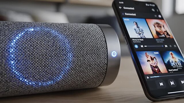 Modern Portable Speaker and Smartphone Connected for Music Playback.