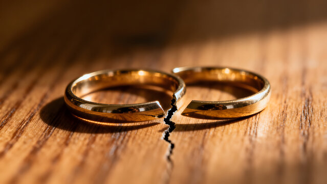 toroidal. A broken wedding ring lies on wood with a visible crack and side lighting. wellbeing guides, coaching materials, designed for coaching and self-improvement content, used by videographers.