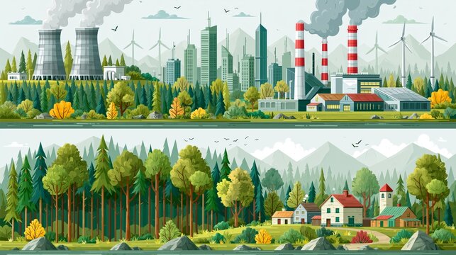 Forest elements horizontal banners set with environmental infrastructure of city factory and village isolated vector illustration