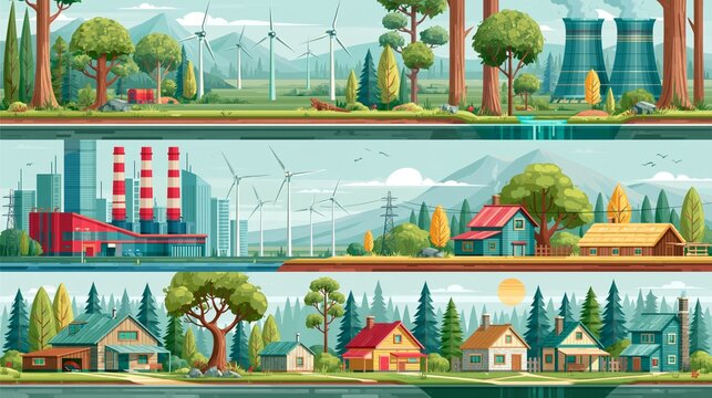 Forest elements horizontal banners set with environmental infrastructure of city factory and village isolated vector illustration