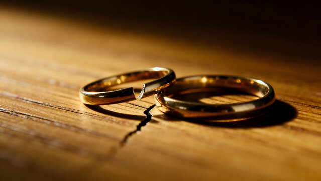 toroidal. A broken wedding ring lies on wood with a visible crack and side lighting. wellbeing guides, coaching materials, designed for coaching and self-improvement content, used by videographers.