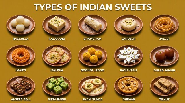 Types of Indian sweets chart with various mithai assortment including rasgulla, gulab jamun, jalebi, and kaju katli on small clay plates
