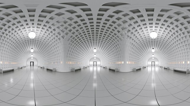 Full spherical hdri panorama 360 degrees of empty exhibition space. backdrop for exhibitions and events. Tile floor. Marketing mock up. 3D render illustration	