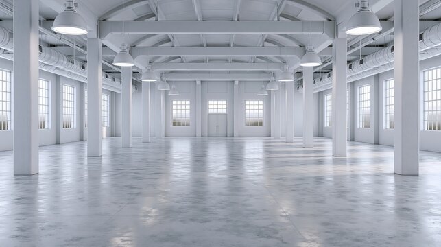 Fully white empty warehouse with concrete floor. 3d rendering