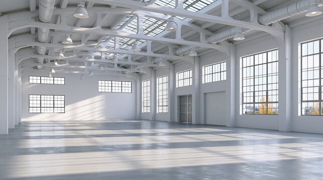 Fully white empty warehouse with concrete floor. 3d rendering
