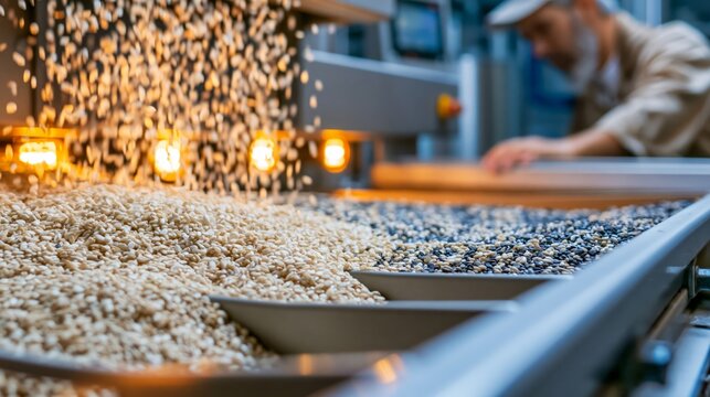 Sesame seeds cascading through an optical sorting machine separating by color.