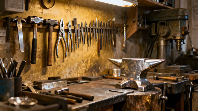 silversmith. Interior corner of an ancient silversmith workshop with tools on walls. safety posters, maintenance manuals, designed for precision metalworking and fabrication facilities.