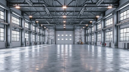 Fototapeta premium Hangar or industrial building. Protection with security door or roller shutter or overhead door. Interior design with concrete floor, steel structure and empty space for industry background. 3d render