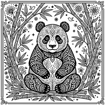 A detailed illustration of a panda sitting serenely amidst floral patterns and foliage in a natural setting.