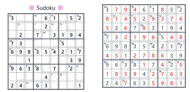 Sudoku puzzle grids with highlighted numbers in red  