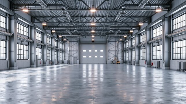 Hangar or industrial building. Protection with security door or roller shutter or overhead door. Interior design with concrete floor, steel structure and empty space for industry background. 3d render