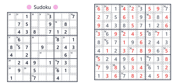 Sudoku puzzle sheets with solved and unsolved grids in red  