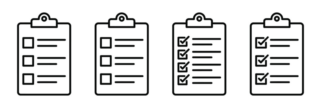 Clipboard checklist icon set representing workflow, progress, and task management in outline and solid styles